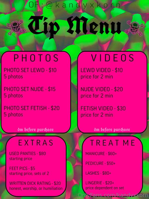 🍭 TIP MENU 🍭 
DM me before purchases! 🫶🏻