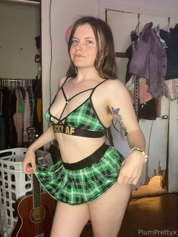 God I look so cute in this plaid bra and mini skirt. My titt..