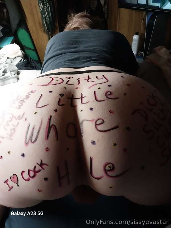More sissy body art, and my new flat chastity cage.