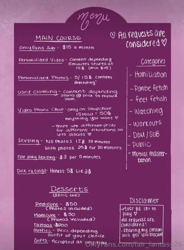 Here is my menu :) just resharing to keep it at the top ❤️
