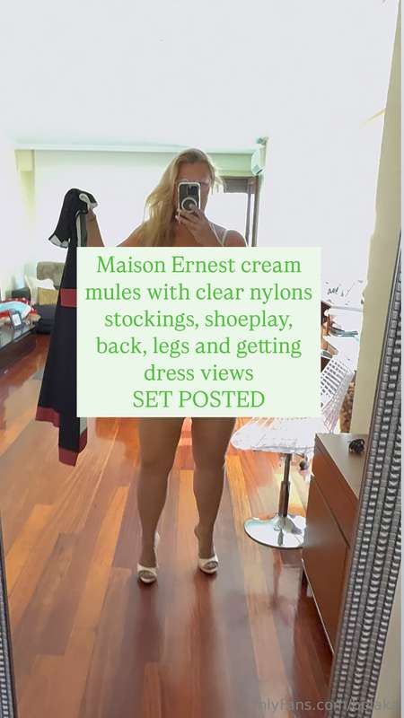 Maison Ernest cream mules with clear nylons stockings, shoep..