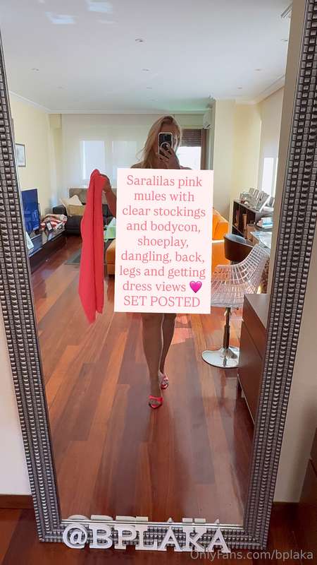 Saralilas pink mules with clear stockings and bodycon, shoep..