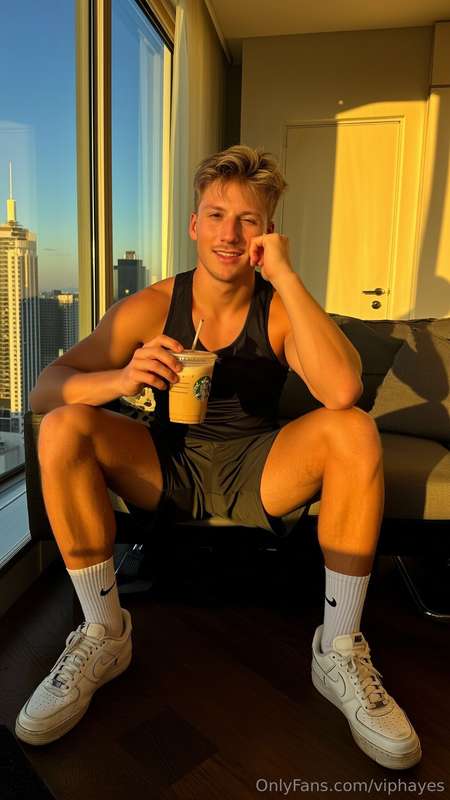 Your view today… me, my iced coffee, and these legs wide ope..