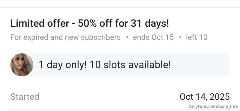 10 slots available for 50% off on @rosie_vipOnly available f..
