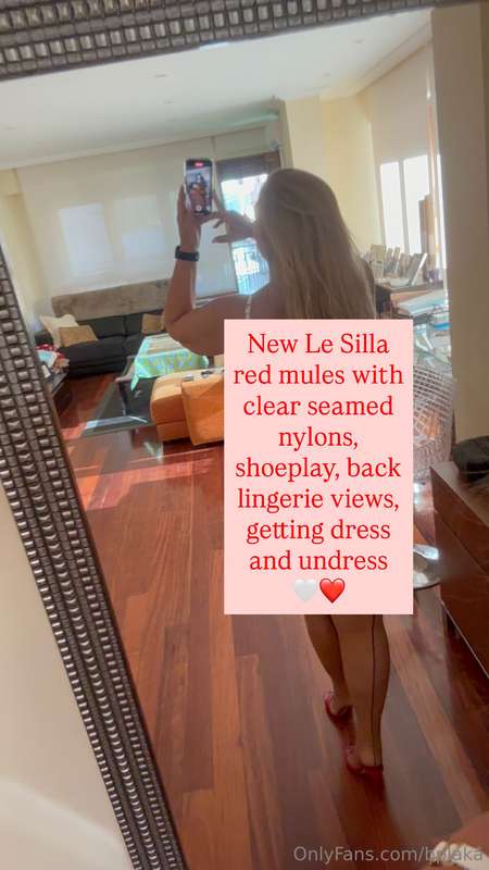 New Le Silla red mules with clear seamed nylons, shoeplay, b..