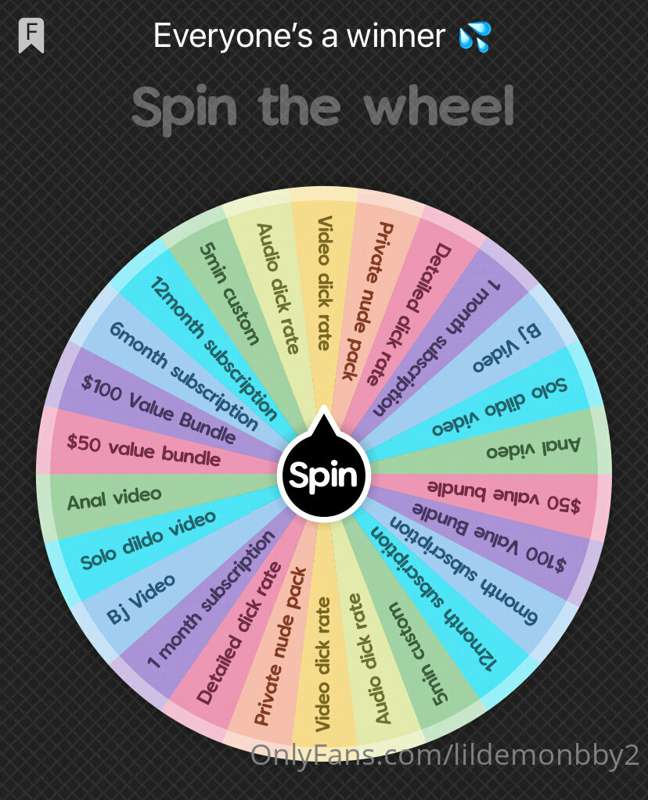 🅢🅟🅘🅝 🅣🅗🅔 🅦🅗🅔🅔🅛
𝐄𝐯𝐞𝐫𝐲𝐨𝐧𝐞 𝐢𝐬 𝐚 𝐰𝐢𝐧𝐧𝐞𝐫!

$5 ⏩ 1 Spin
$10 ⏩ 2 Sp..