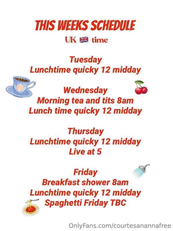This weeks schedule on @courtesananna 
It’s only $5 to see m..