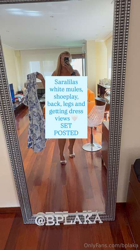 Saralilas white mules, shoeplay, back, legs and getting dres..